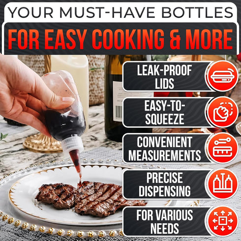 6-Pack 4 oz Set Squeeze Bottles for Liquids with Scale No-Mess Dispensing | Clear Condiment Bottle for Sauces, Oil