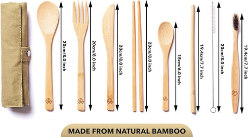 Greenzla Double Pack Bamboo Utensils Set with Bonus Toothbrush Pair, Reusable Wooden Cutlery & Storage Bags