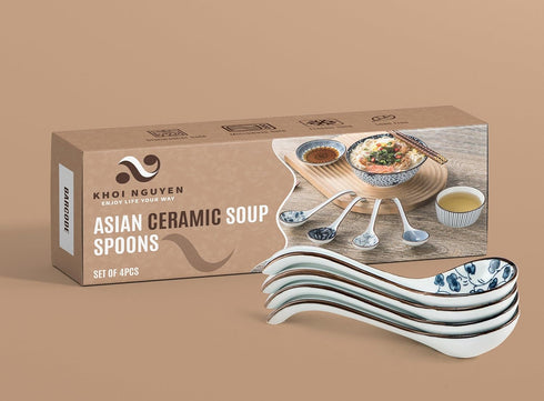 Asian Soup Spoons Set of 4, Ceramic Pho Spoons, Chinese Dumpling and Japanese Soup Spoons