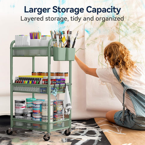 3 YASONIC Tier Rolling Cart Metal Utility Storage Carts with Wheels, Craft Carts Organizer with Hanging Cups, Hooks