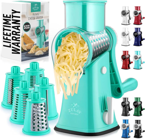 Zulay Rotary Cheese Grater, 5 Blade Manual Hand Crank Cheese Shredder, Calm Teal