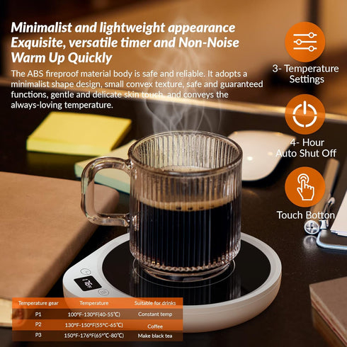 3 Settings, 4H Mug Warmer, Upgrade Coffee Warmer & Cup Warmer for Desk with Temperature More Hot Coffee Mug Warmer
