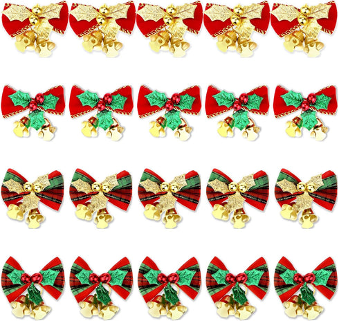 20 Pcs Christmas Mini Bow with Bells, 4 Styles - Traditional, Rustic, Whimsical, Minimalist - Red, Green, Gold Ornaments