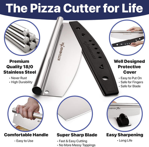 KitchenStar 16-Inch Pizza Cutter Rocker Blade - Sharp Stainless Steel Slicer Knife with Protective Cover, Dishwasher