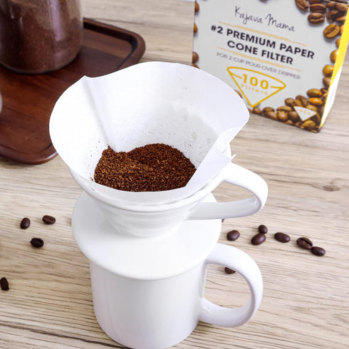 Pour Over Coffee Dripper - White Ceramic Slow Brewing Accessories for Home, Cafe, Restaurants - 2 Cup, V02 Filters