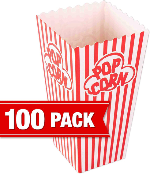 GSM Brands Popcorn Containers Boxes (100 Pack) - Striped White and Red Paper for Home Movie Theater