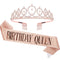 CAVETEE Birthday Crown and Sash for Women, Rose Gold Rhinestone Tiara Set for Decorations