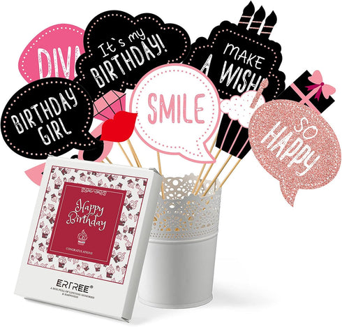 Birthday Photo Booth Props Kit - 30 Pieces Happy Birthday Party Decoration Set with Real Glitter for Women