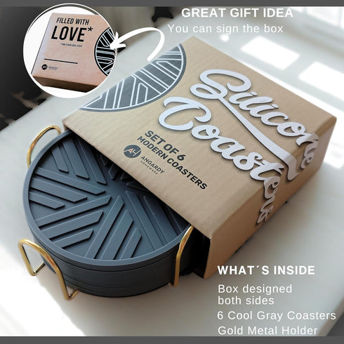Angardy Homeware Set 6 Silicone Coasters for Drinks of & Gold Holder with Smart and Modern Groove Patterns - protecs