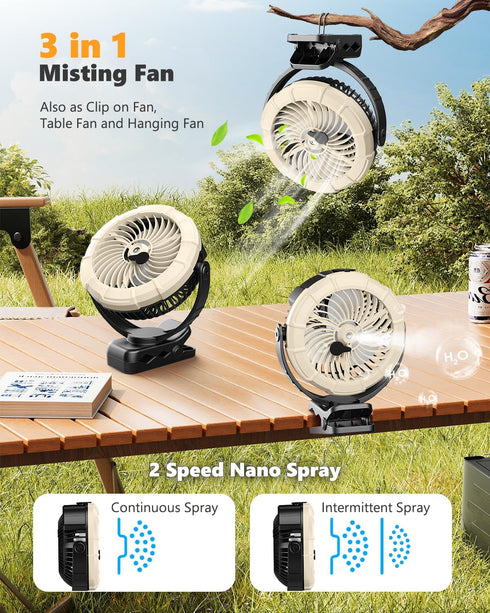 3-in-1 100ML 5200mAh 360 3 Ausic Portable Clip on Fan with Misting & LED Lights & Hook, Baby Stroller Fan, Rechargeable