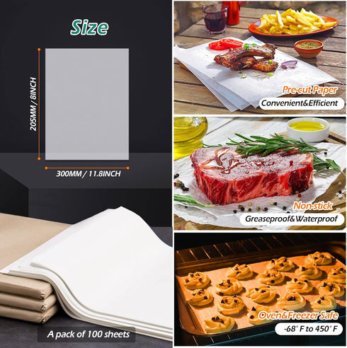 GeeRic Baking Parchment Paper, 100Pcs 8x12 inch Non-Stick Precut Baking Sheets for Cookies, Bread, Meat, Pizza