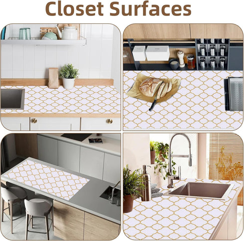Shelf Liners for Kitchen Cabinets, 12in x 10FT Non Adhesive Drawer Liner, Gold Quatrefoil Thickened Shelf Liner Paper
