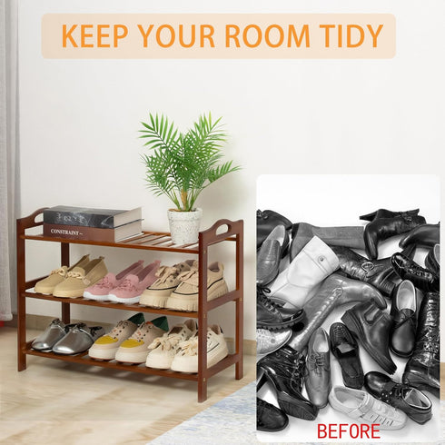 RMXANL 3 Closet, Tier Bamboo Shoe Rack, Shoe Shelf Shoes Rack Shoe Organizer for Entryway, Bedroom, Living Room, Front