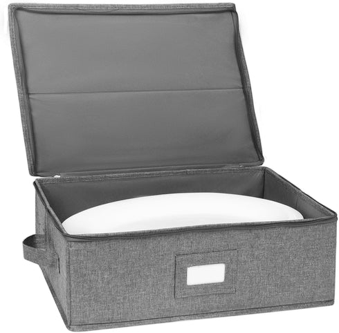 Platter Storage Case, Hard Shell China Storage Containers 17" x 13" x 6", Includes 5 Felt Dividers, Stackable, Linen