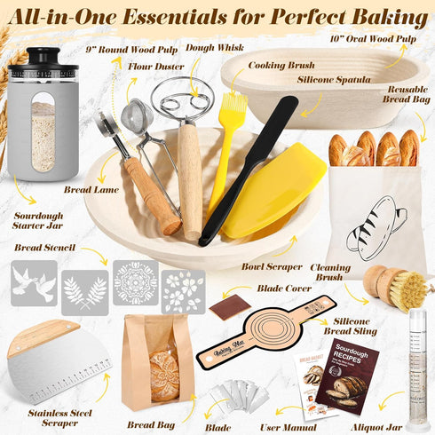 Risecret 9" 10" 34 oz Sourdough Starter Kit with Aliquot Jar, Wood Pulp Round & Oval Bannetons & Sourdough Starter Jar