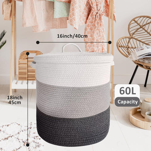 Large 60L Storage Basket with Lid, 16"Wx18"H Woven Cotton Laundry Basket, Dark Gray/Gray/White Mix