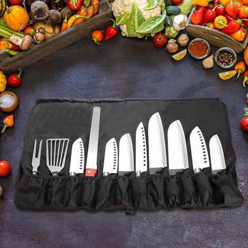 Tosnail Black Chef Knife Case Roll Bag with 21 Slots & 1 Large Zipper Pocket, Easy Carry Handle and Shoulder Strap