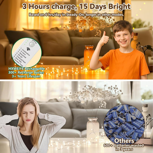 8 2 Pack 16FT 50LED HXWEIYE Rechargeable Fairy Lights Battery Operated, DIY Timer & Modes, Twinkle String Lights