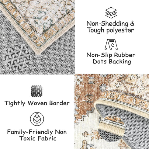 Boho Kitchen Rug, Washable Khaki 2x5 Non Slip Runner, Distressed Tribal Print Laundry Room Rug for Hallway Bedroom