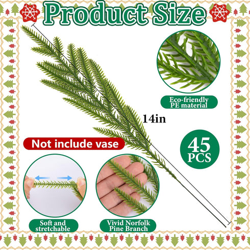 Watayo 60 14" Pcs Christmas Norfolk Pine Branches with Red Berry Stems, Artificial Greenery Norfolk Pine Stems Sprigs