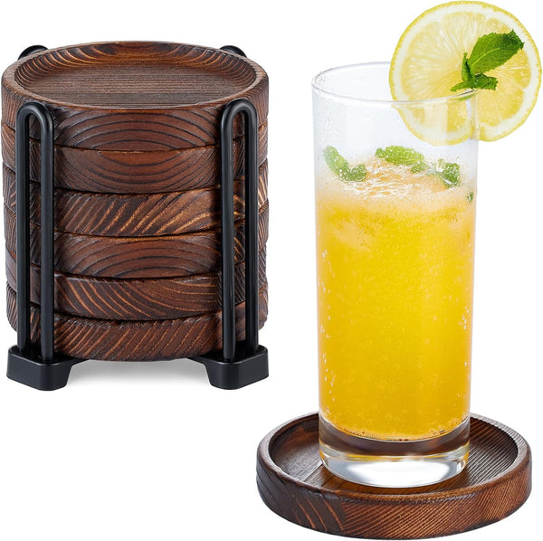 6Pcs Wooden Coasters for Drink-Acacia Wood Drink Coasters Set with Holder for
