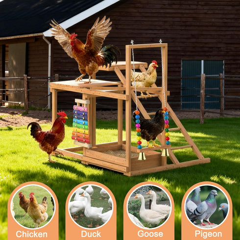 Chicken Coop, Chicken Perches with Swing Toy & Ladder & Platforms & Food Storage, Poultry Coop Cage Accessory Toy