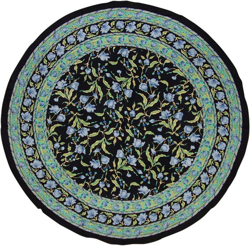 India Arts French Floral Round Cotton Tablecloth, 70" Blue on Black