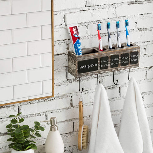 4 4 MyGift Wall Mounted Solid Torched Wood Bathroom Accessory Holder and Towel Hook Rack, Toothbrush Holder Shelf Rack