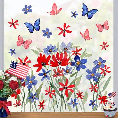 Mfault 4th of July Summer Wild Flower Patriotic Window Clings, 4 Sheets Red Blue Floral Butterfly USA Stickers for Decor