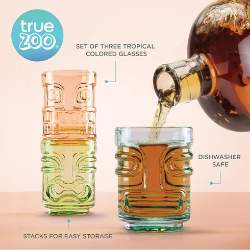 True Zoo Tiki Shot Glasses Set of 3 - Stackable Tropical Glassware, Holds 2 Ounces, Multicolor