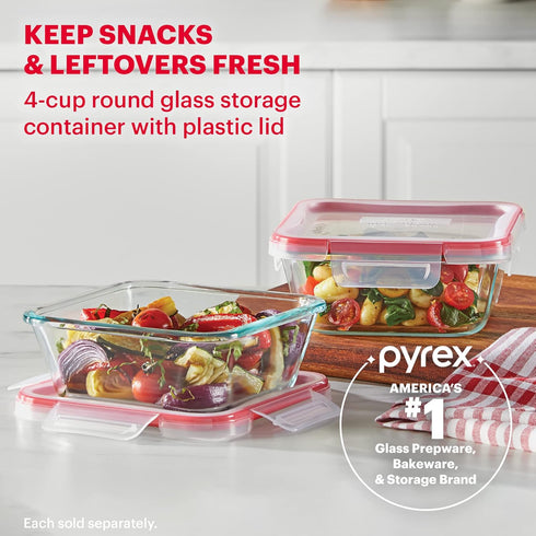 Pyrex Freshlock Glass Food Storage Container, 4 Cup Square, Airtight & Leakproof Locking Lids, Freezer, Dishwasher,