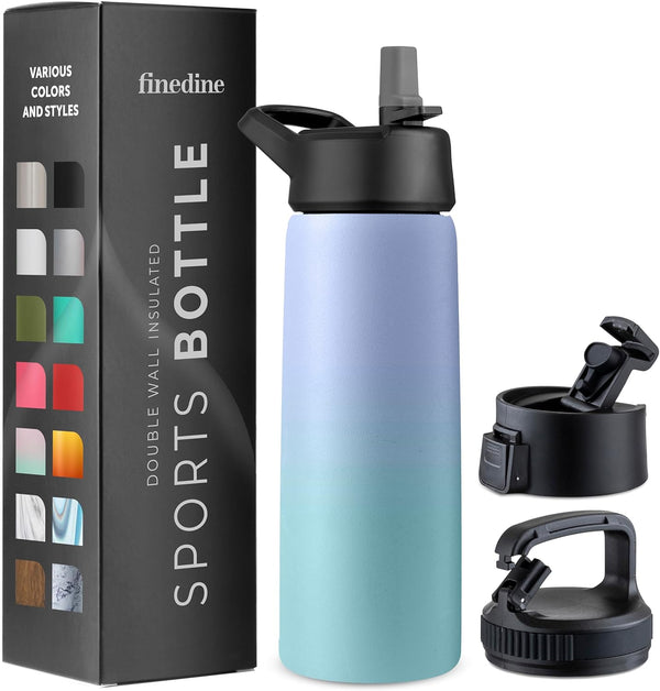 FineDine 25 Oz Triple Walled Insulated Water Bottles with Straw - Stainless Steel Metal Bottle with 3 Leak Proof Lids -