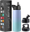 FineDine 25 Oz Triple Walled Insulated Water Bottles with Straw - Stainless Steel Metal Bottle with 3 Leak Proof Lids -