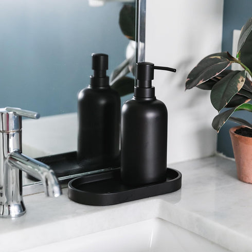 Matte Black Round Soap Dispenser Tray, 8” Organizer Plate for Bathrooms and Kitchens, Holds 2 Dispensers