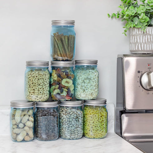 Cornucopia Brands 16oz Plastic Mason Jars, 8-Pack, Blue with Silver Metal Lids, BPA-Free, 2-Cup Capacity