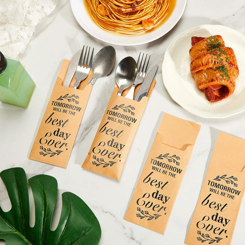 Gueevin 100 Pcs Tomorrow Will Be The Best Day Ever Wedding Paper Silverware Bags, Rustic Cutlery Pouch