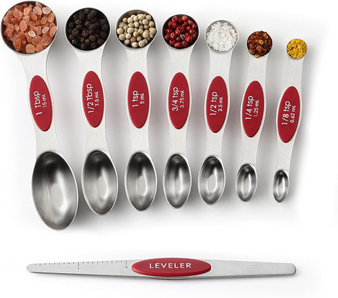 Spring Chef Red Stainless Steel Magnetic Measuring Spoons Set of 8 with Leveler, Kitchen Gadgets for Baking & Cooking