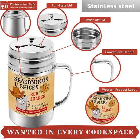 CUSINIUM 14 oz Spice Shaker, BBQ Dry Rub Shaker with Adjustable Fan-Style Lid and Handle