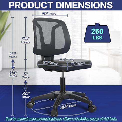 KIZECK Armless Office Desk Chair No Arms with Back Support Rolling Wheels for Home Study Work