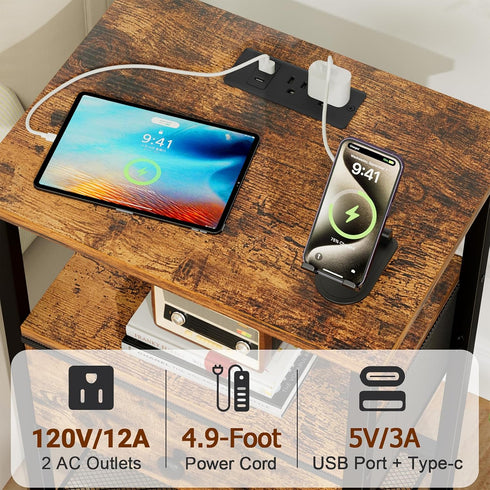 HETS010BR-1 LOAKEKEL Night Stand with Charging Station, Small Bedside Table with Fabric Drawer, Nightstand with USB