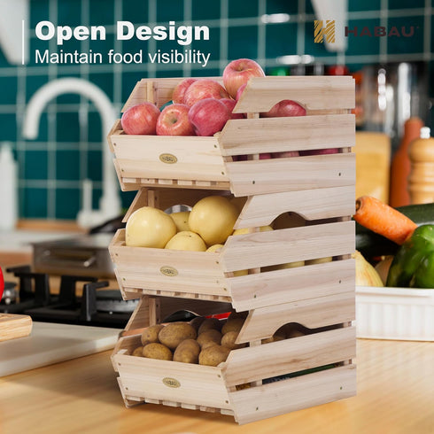 Wood Potato Onion Storage Bins, Stackable Wooden Produce Basket for Kitchen Pantry Organization, Set of 3 Pieces