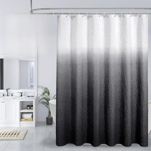 MitoVilla Black Ombre Shower Curtain Set with Hooks, Waves Textured Fabric Shower
