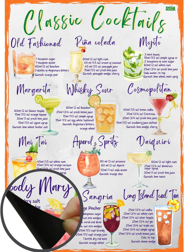 Classic Cocktails Recipes Magnetic Chart A4 Format - Kitchen Pub Wall and Fridge Decor