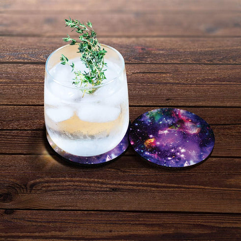Purple Marvel Nebula Galaxy Design ROUND Fabric Felt Neoprene Car Coasters for Drinks, 2pcs Set