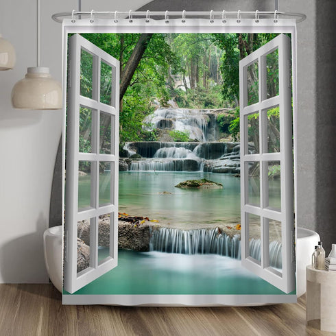 Baocicco Nature Landscape Shower Curtain Summer Forest River Jungle Waterfall Lake Window Scenery Shower Curtains Decorative for Bathroom Waterproof Fabric Shower Curtain with Hooks 60x72 Inches by Baocicco