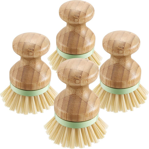 4 Pieces Bamboo Dish Scrub Brush, Wooden Round Scrubbers, Stiff Bristles for Wash Dishes, Kitchen