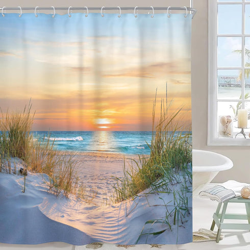 Riyidecor Beach Ocean Coastal Shower Curtain - 60Wx72H Inch Tropical Landscape Fabric Decor with 12 Pack Hooks