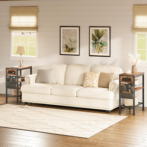 3-Tier BF412UBZ01 HOOBRO End Table with Charging Station, Small Side Table with Magazine Holder, Nightstand Bedside