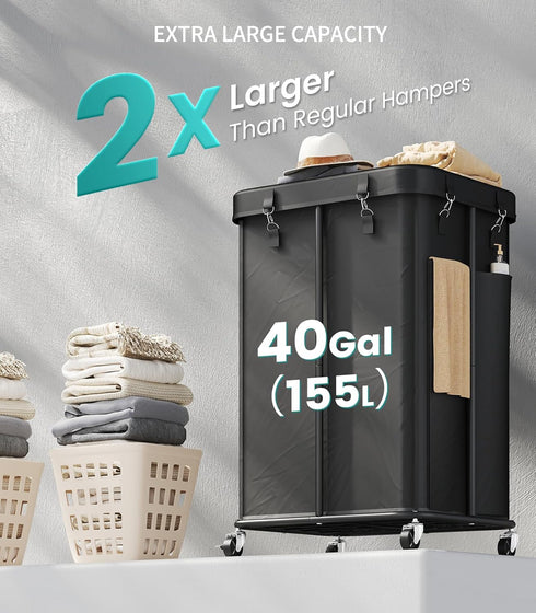 2 Laundry Hamper with Wheels, Rolling Laundry Basket with Metal Frame and Removable Bag, Double Laundry Hamper Section