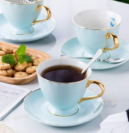 Set Set 6 (FD-TCS02 (6), 7oz) Jusalpha Fine China Tea Cup and Saucer Coffee Cup with Saucer and Spoon of blue